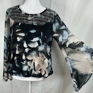 Alfani Studded Floral Wide Wizard Sleeve Blouse Petite Medium Black Blue Jewel